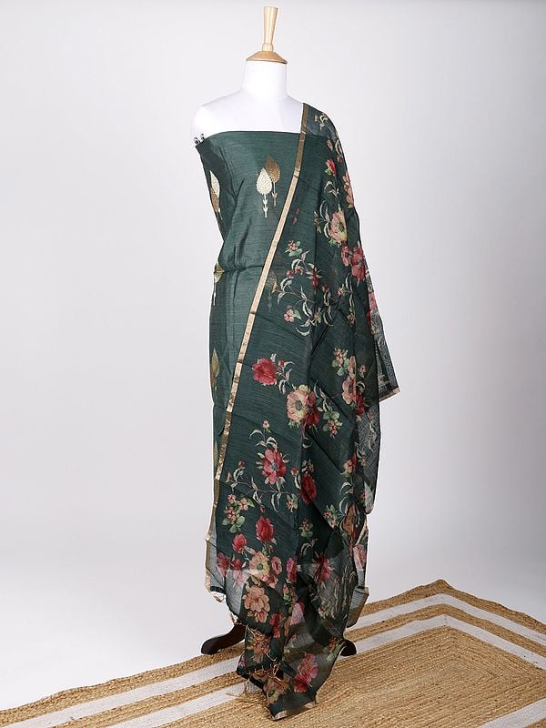 Exotic India Two-Piece Faux-Munga Silk Kurti Fabric With Zari Brocaded Trees And Digital Printed Floral Dupatta 