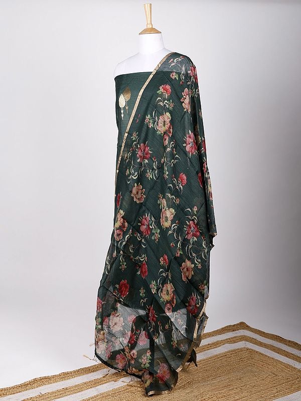 Exotic India Two-Piece Faux-Munga Silk Kurti Fabric With Zari Brocaded Trees And Digital Printed Floral Dupatta 