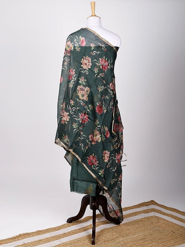 Exotic India Two-Piece Faux-Munga Silk Kurti Fabric With Zari Brocaded Trees And Digital Printed Floral Dupatta 