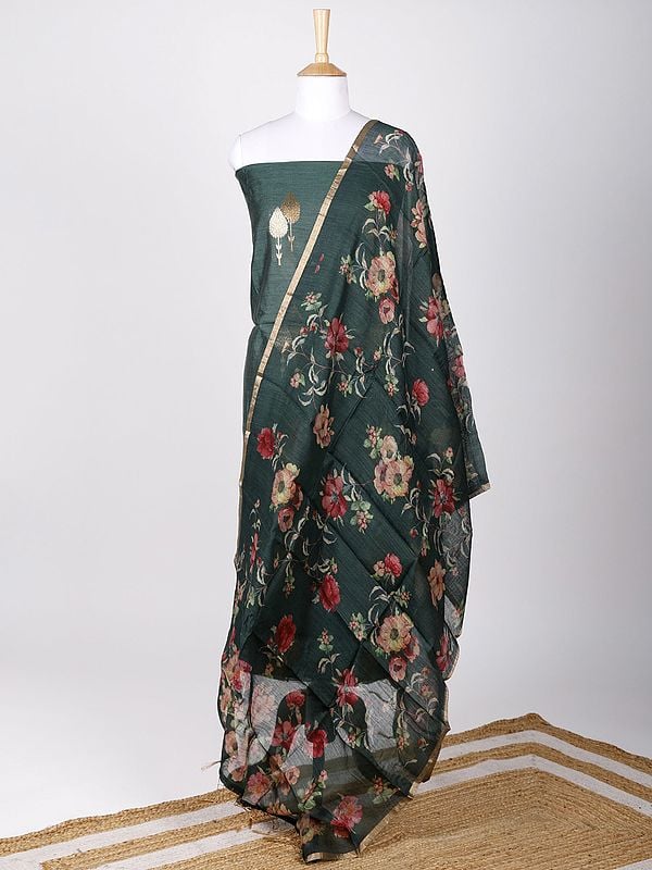 exotic india Two-Piece Faux-Munga Silk Kurti Fabric with Zari Brocaded Trees and Digital Printed Floral Dupatta 