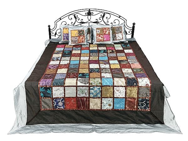 Exotic India Ultimate-Gray Art Silk Floral Embroidered Multicolor Patch Work Bed Cover From Jaipur 