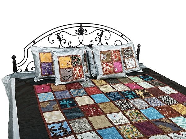 Exotic India Ultimate-Gray Art Silk Floral Embroidered Multicolor Patch Work Bed Cover From Jaipur 