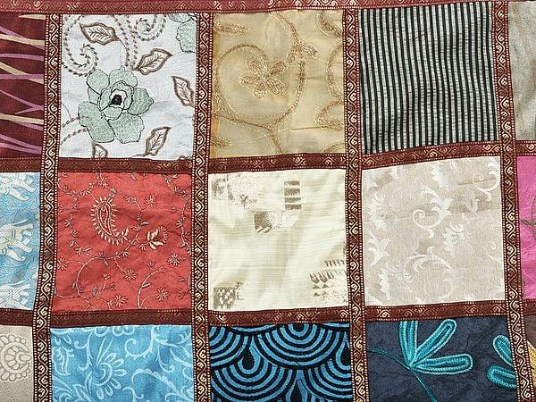 Exotic India Ultimate-Gray Art Silk Floral Embroidered Multicolor Patch Work Bed Cover From Jaipur 
