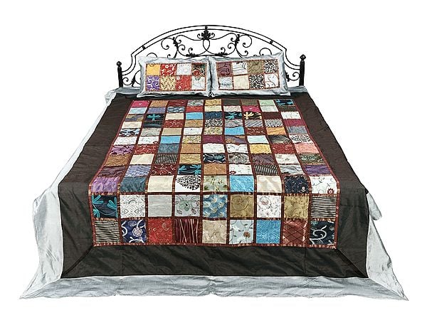 exotic india Ultimate-Gray Art Silk Floral Embroidered Multicolor Patch Work Bed Cover from Jaipur 