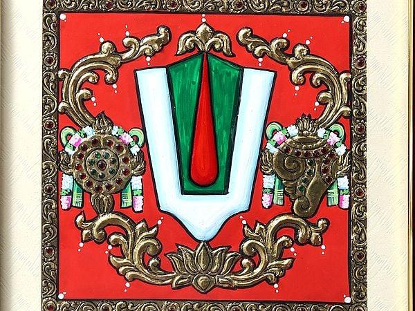 Exotic India Vaishnava Symbols (Chakra Shankh And Tilak) | Tanjore Painting With Frame 