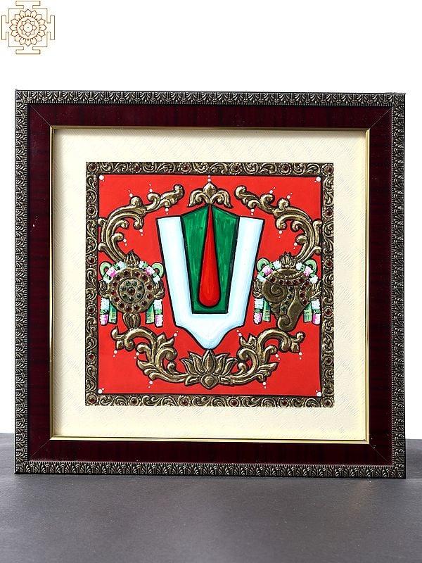 exotic india Vaishnava Symbols (Chakra Shankh and Tilak) | Tanjore Painting with Frame 