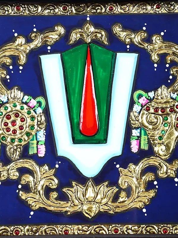 Exotic India Vaishnava Symbols - Chakra Tilak And Shankh | 24 Karat Gold Work | Framed Tanjore Painting 