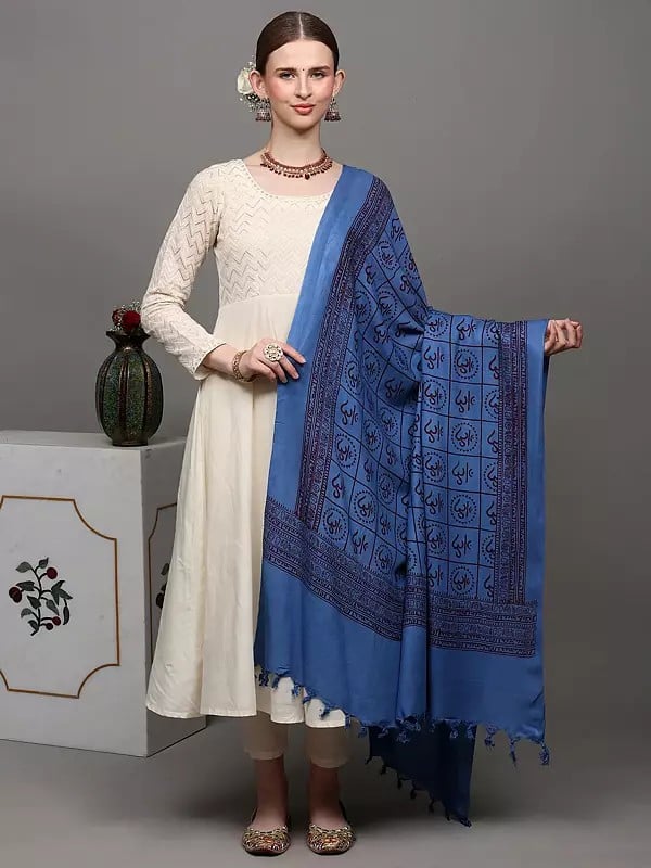 Exotic India Vallarta-Blue Hindu Prayer Shawl With Printed Om All-Over 