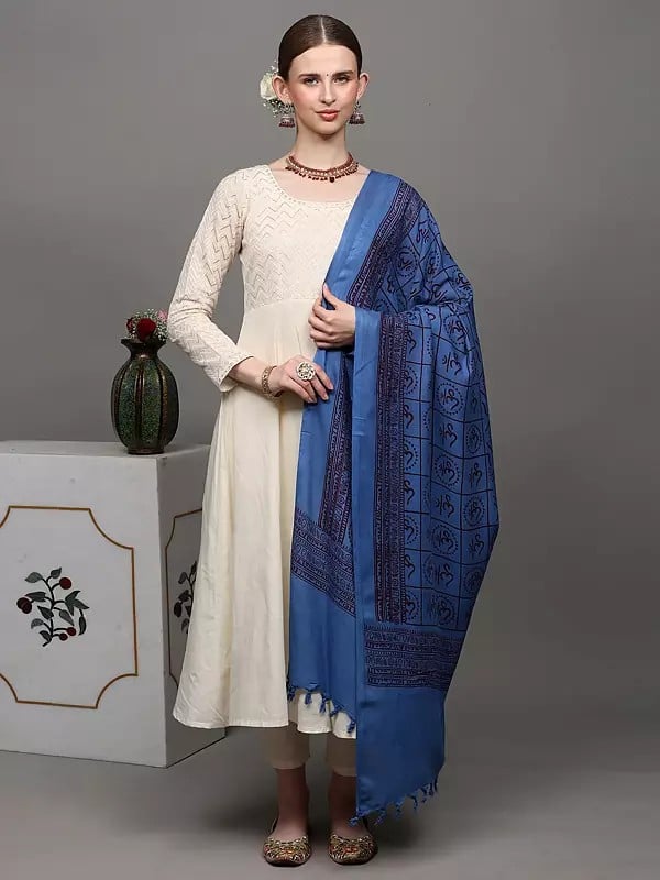 Exotic India Vallarta-Blue Hindu Prayer Shawl With Printed Om All-Over 