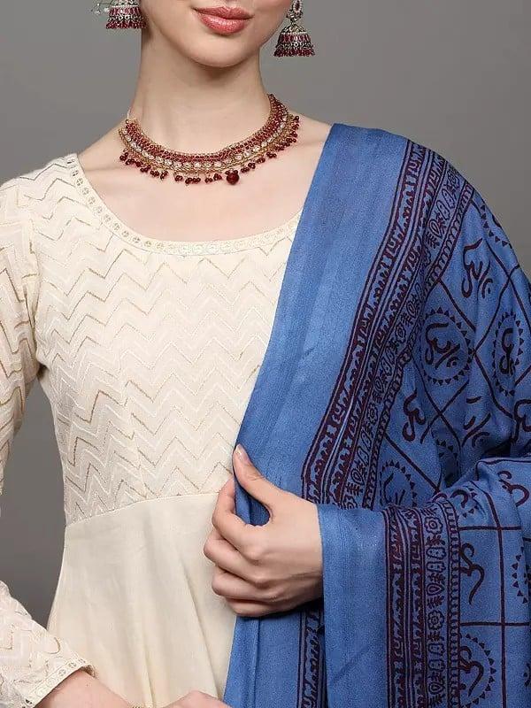 Exotic India Vallarta-Blue Hindu Prayer Shawl With Printed Om All-Over 