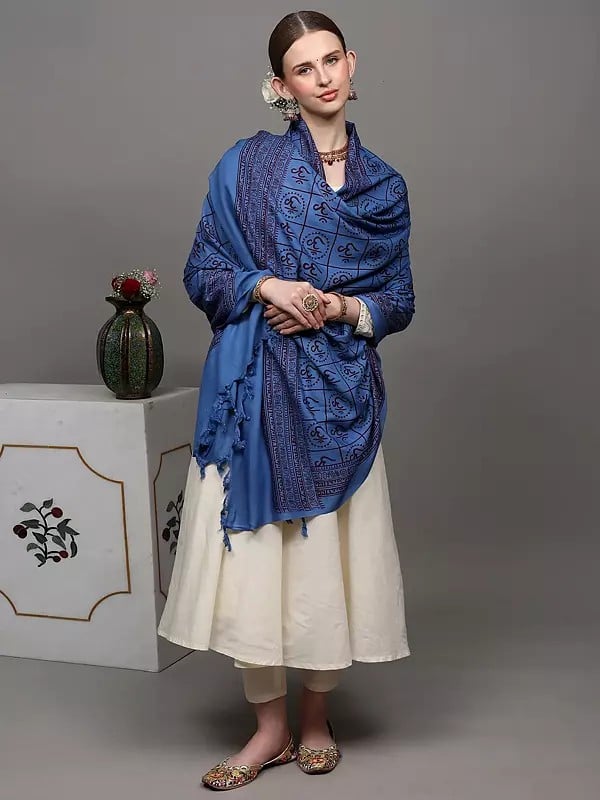 exotic india Vallarta-Blue Hindu Prayer Shawl with Printed Om All-Over 
