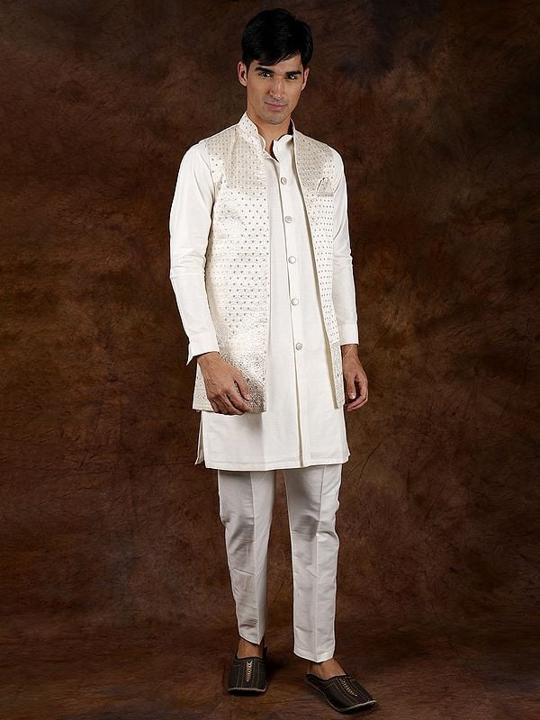 Exotic India Vanilla-Ice Three-Piece Kurta Pajama Set With Sequins Embroidered Front Open Long Waistcoat 