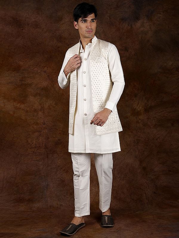 Exotic India Vanilla-Ice Three-Piece Kurta Pajama Set With Sequins Embroidered Front Open Long Waistcoat 