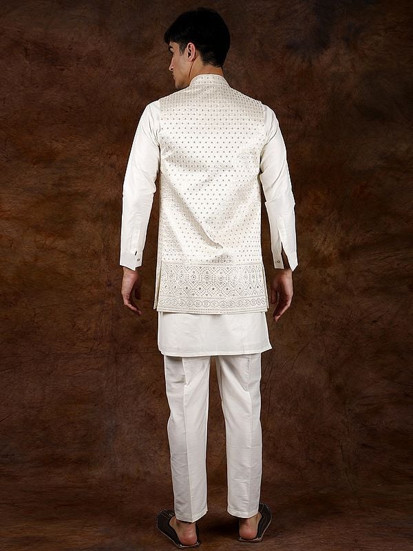 Exotic India Vanilla-Ice Three-Piece Kurta Pajama Set With Sequins Embroidered Front Open Long Waistcoat 
