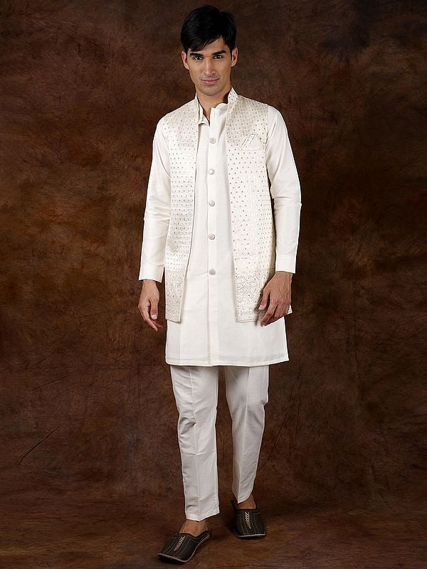exotic india Vanilla-Ice Three-Piece Kurta Pajama Set with Sequins Embroidered Front Open Long Waistcoat 
