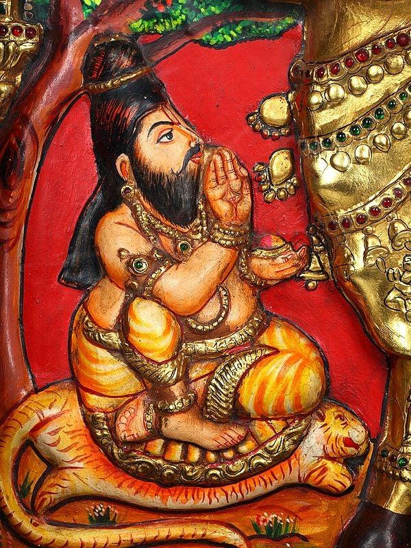 Exotic India Vashista Muni Worshipping Goddess Kamadhenu | Embossed 24 Karat Gold Work | Vintage Framed Tanjore Painting 