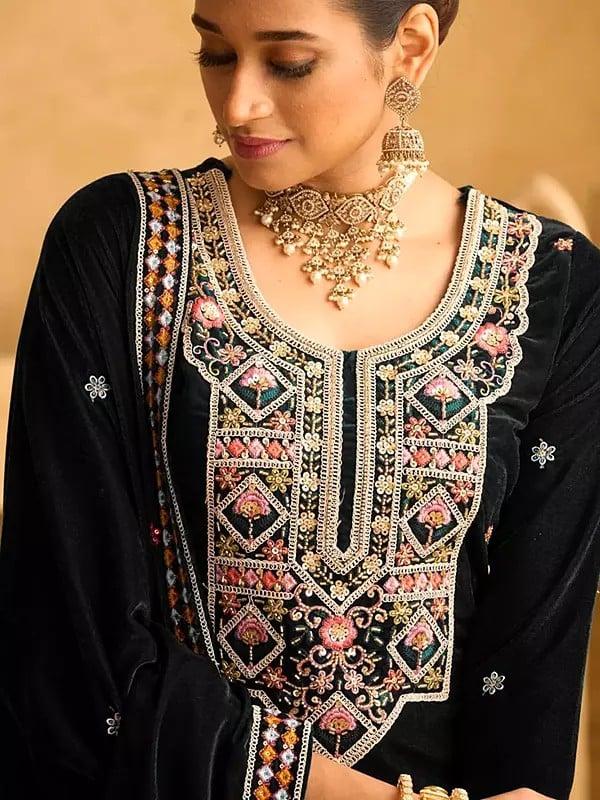 Exotic India Velvet Bead Embroidery And Sequins Work Attractive Palazzo Suit With Dupatta 