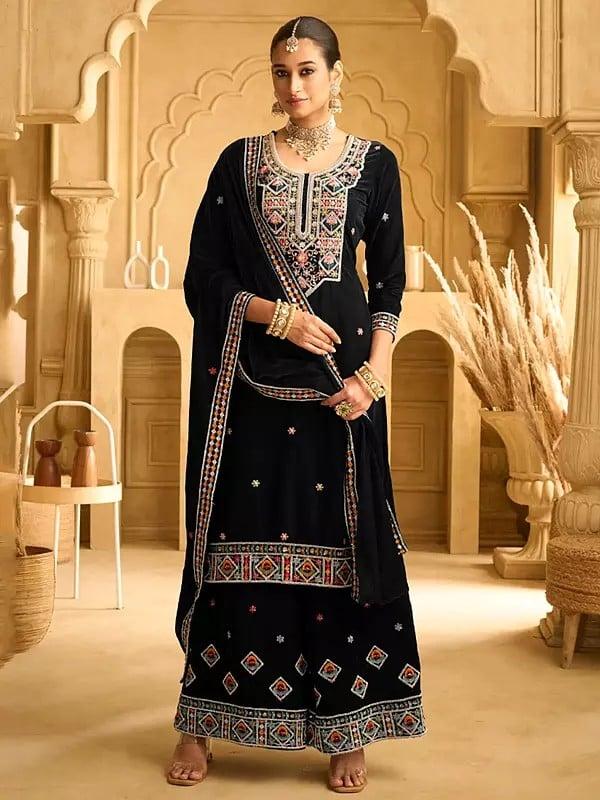 exotic india Velvet Bead Embroidery And Sequins Work Attractive Palazzo Suit With Dupatta 
