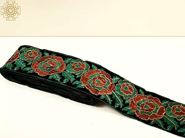 Exotic India Velvet Border With Thread Embroidered Rose And Sequins