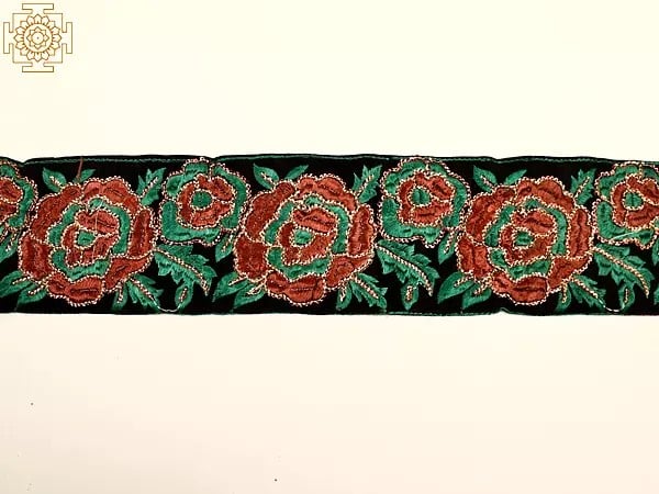 exotic india Velvet Border with Thread Embroidered Rose and Sequins 
