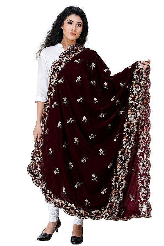Exotic India Velvet Dupatta From Amritsar With Embroidered Flowers And Sequins 
