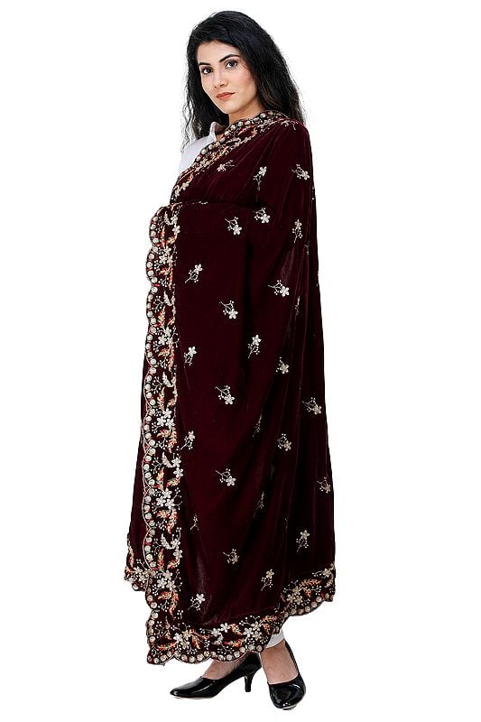 Exotic India Velvet Dupatta From Amritsar With Embroidered Flowers And Sequins 