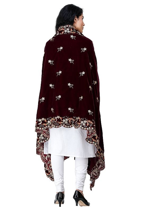 Exotic India Velvet Dupatta From Amritsar With Embroidered Flowers And Sequins 