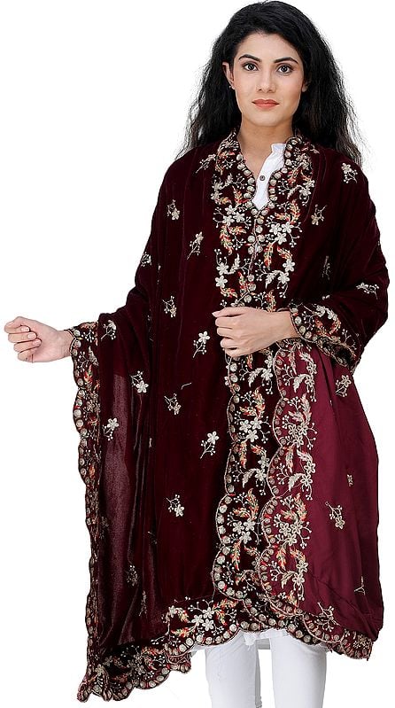 exotic india Velvet Dupatta from Amritsar with Embroidered Flowers and Sequins 