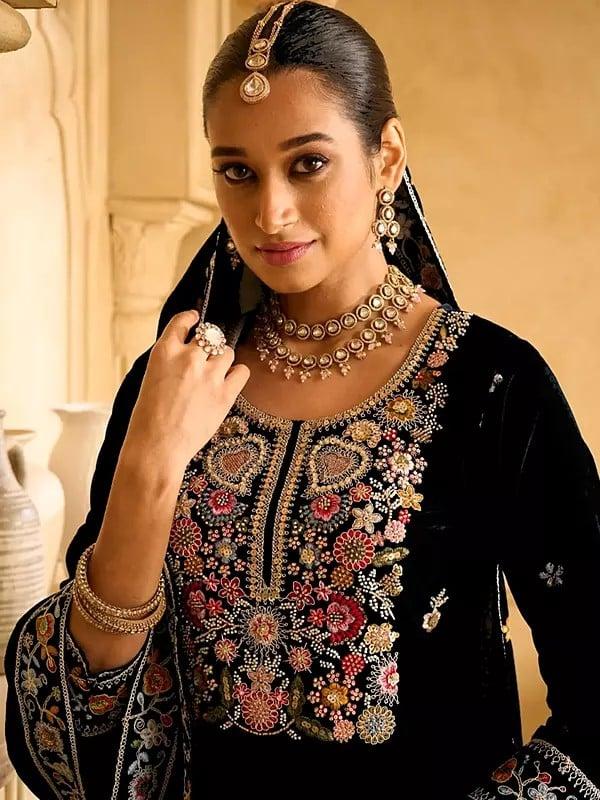 Exotic India Velvet Elegant Heavy Sequins And Embroidery Work Palazzo Suit With Matching Dupatta