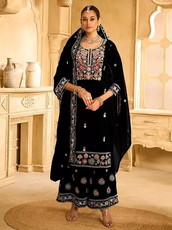 exotic india Velvet Elegant Heavy Sequins And Embroidery Work Palazzo Suit With Matching Dupatta 