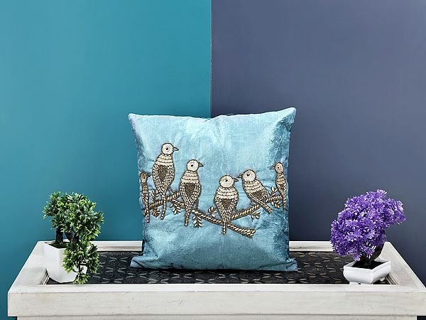 Exotic India Velvet Hand Embroidered Birds Cushion Cover With BeadWork 