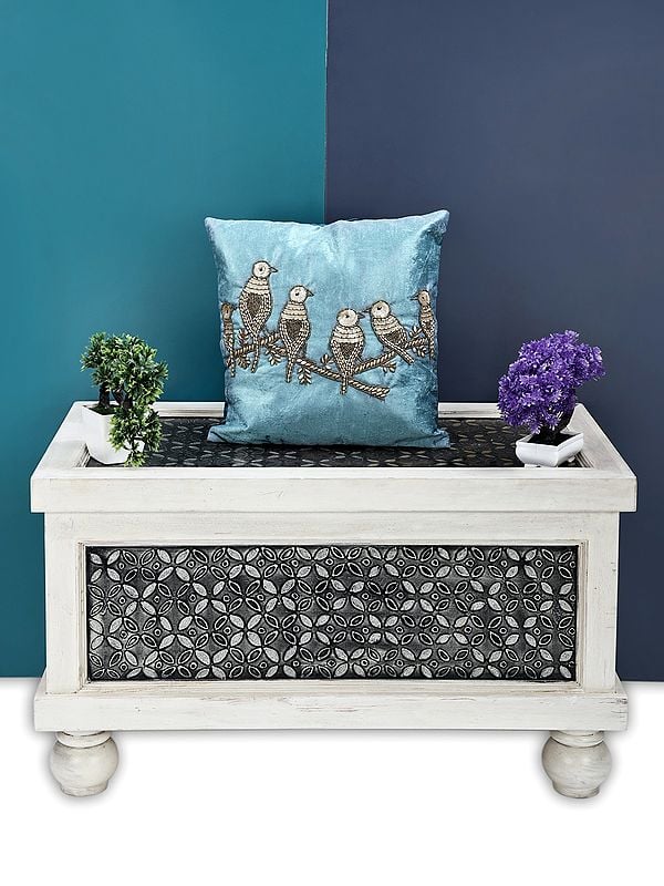 exotic india Velvet Hand Embroidered Birds Cushion Cover with BeadWork 