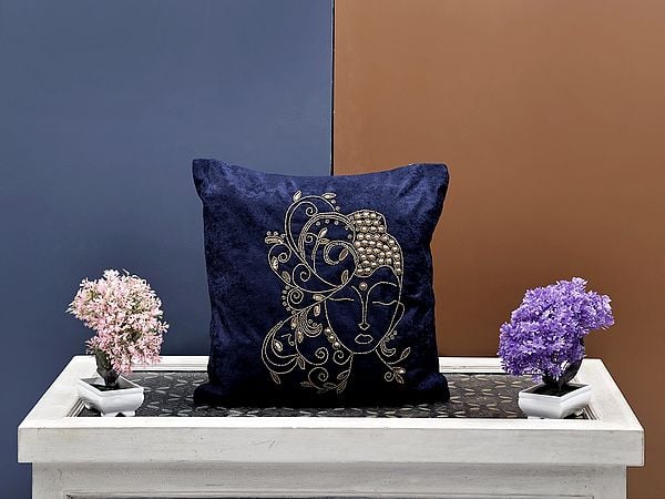 Exotic India Velvet Hand Embroidered Buddha Cushion Cover With Beads Work 