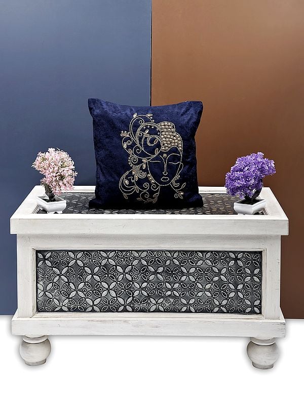 exotic india Velvet Hand Embroidered Buddha Cushion Cover with Beads Work 