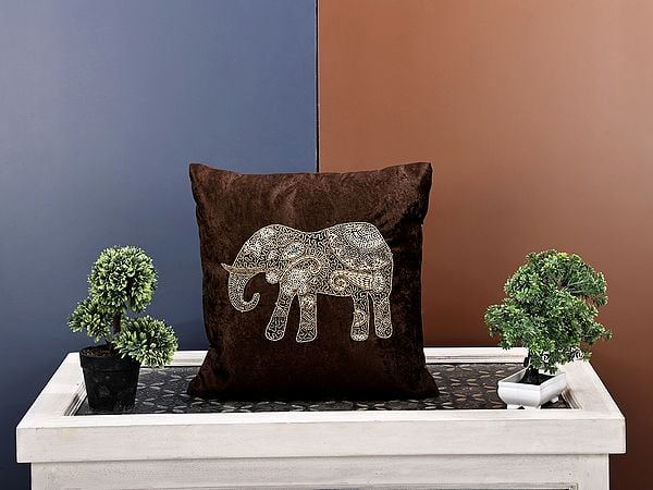 exotic india Velvet Hand Embroidered Elephant Cushion Cover with Beads Work 