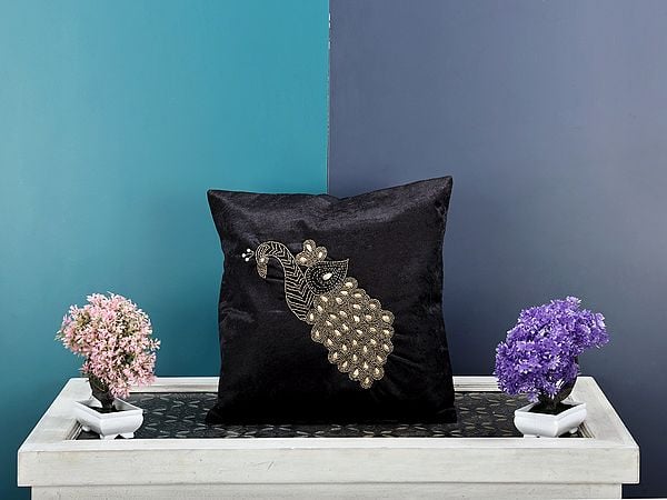 Exotic India Velvet Hand Embroidered Peacock Cushion Cover With Beadwork 