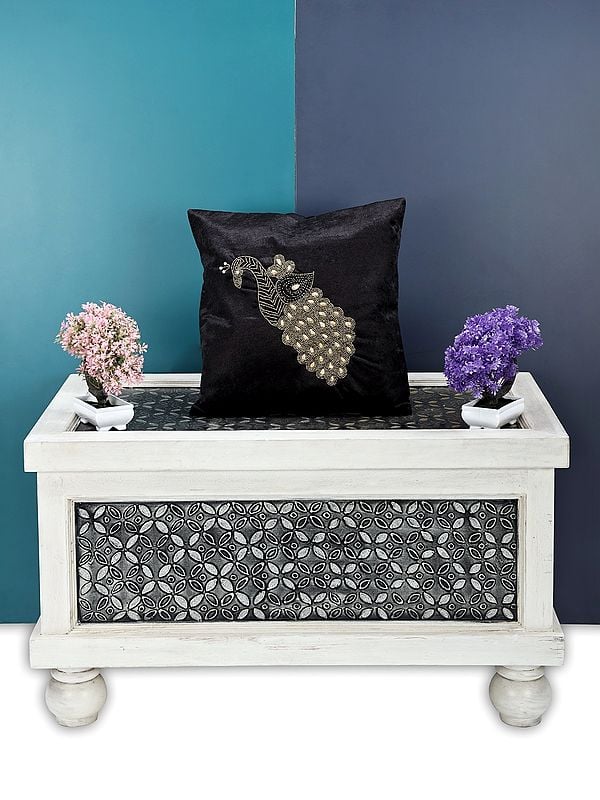 exotic india Velvet Hand Embroidered Peacock Cushion Cover with Beadwork 