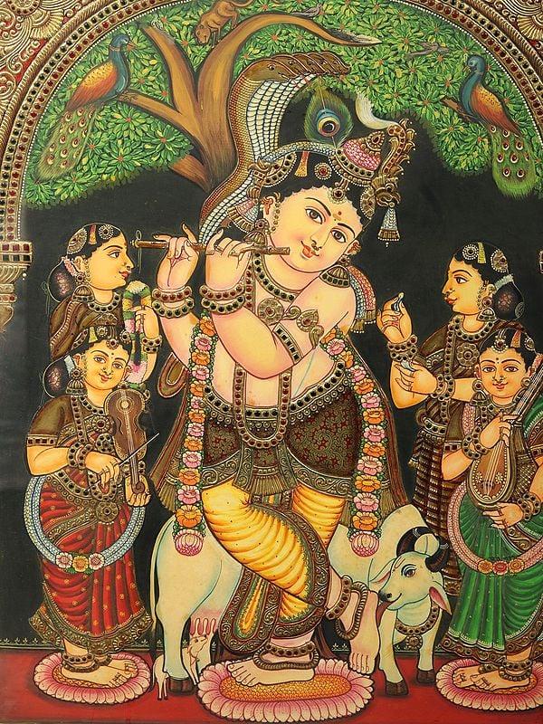 Exotic India Venugopal Krishna With Gopis | Tanjore Painting With Frame