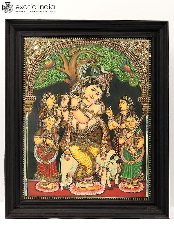 exotic india Venugopal Krishna with Gopis | Tanjore Painting with Frame