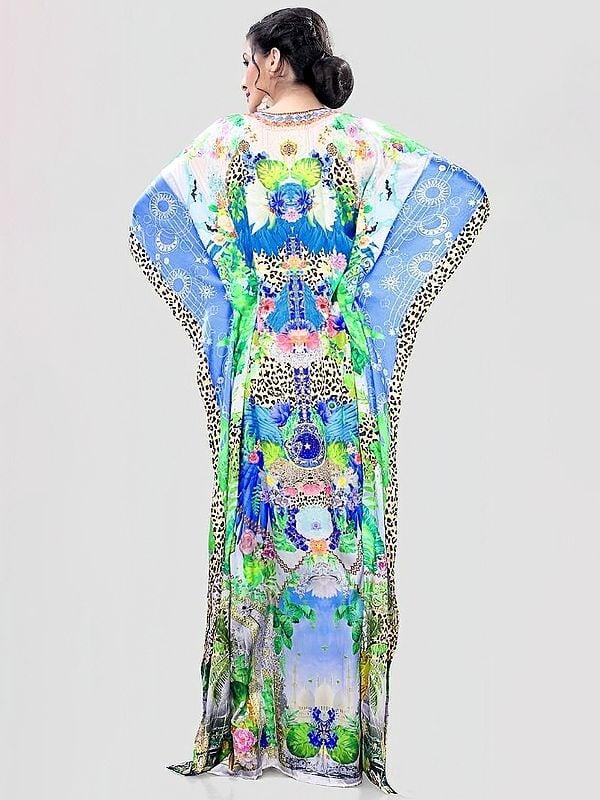 Exotic India Vibrant-Green Floral Printed Long Kaftan With Stone Work 
