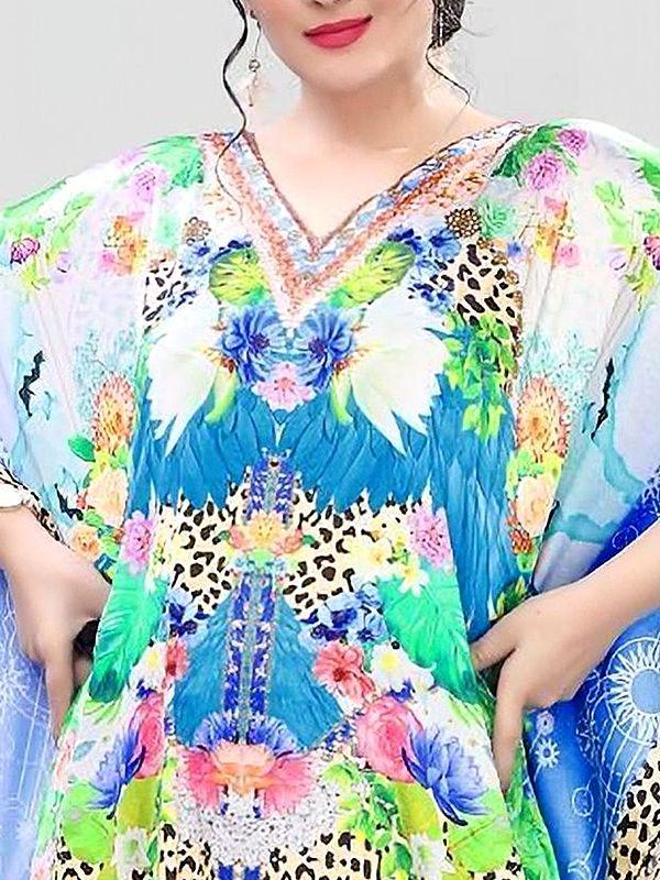 Exotic India Vibrant-Green Floral Printed Long Kaftan With Stone Work 
