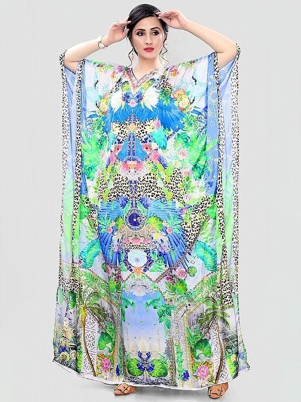 exotic india Vibrant-Green Floral Printed Long Kaftan with Stone work 