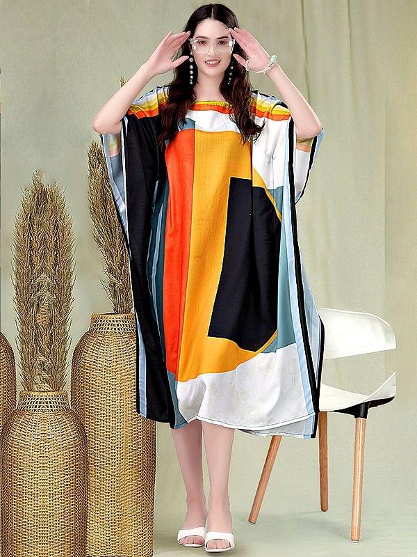 Exotic India Vibrant Spectrum Boat Neck Satin Midi Kaftan 