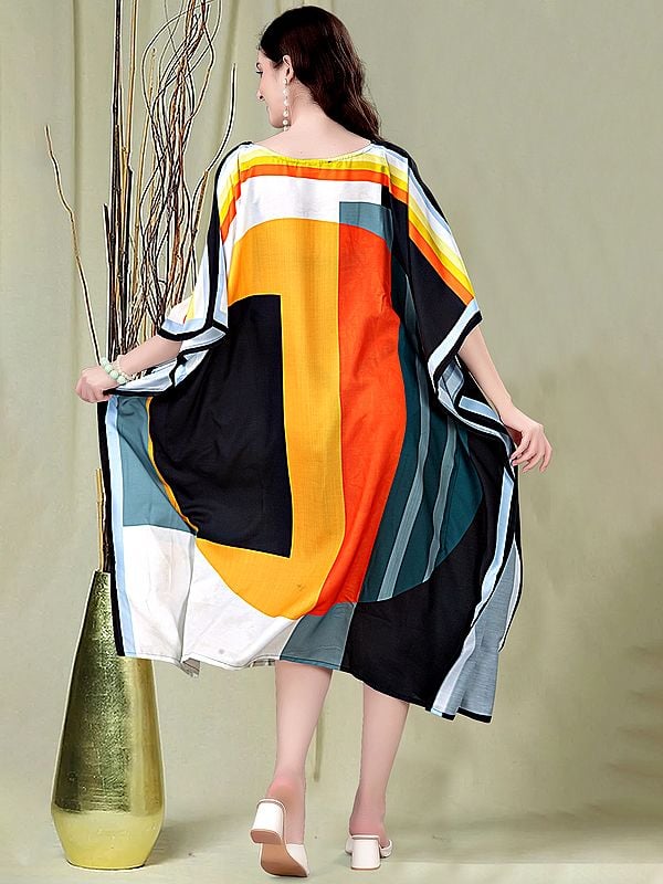 Exotic India Vibrant Spectrum Boat Neck Satin Midi Kaftan 