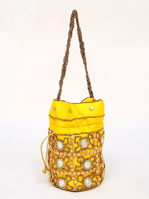 Exotic India Vibrant-Yellow Drawstring Potli Bag With Beads And Mirror Embroidery 