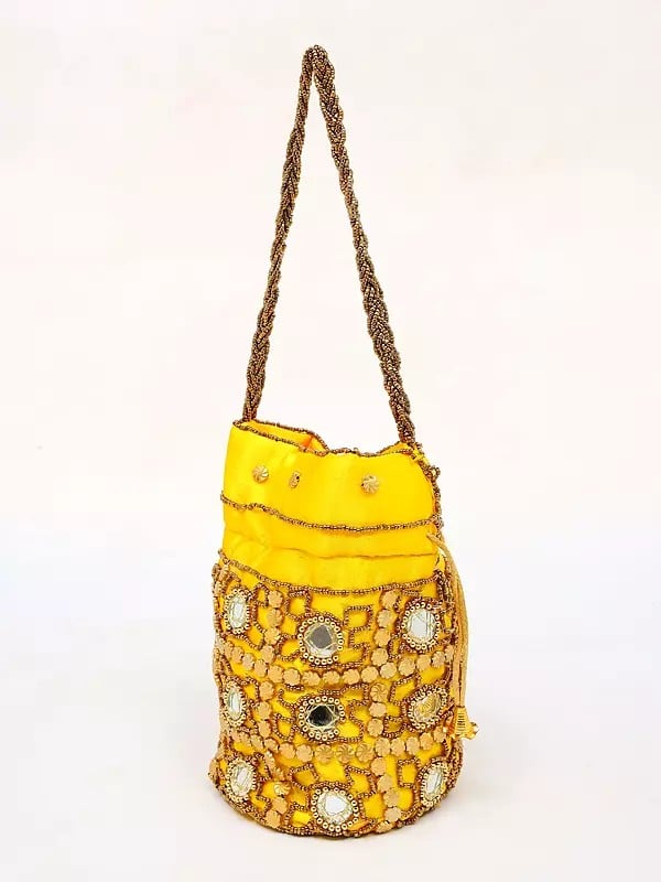 Exotic India Vibrant-Yellow Drawstring Potli Bag With Beads And Mirror Embroidery 