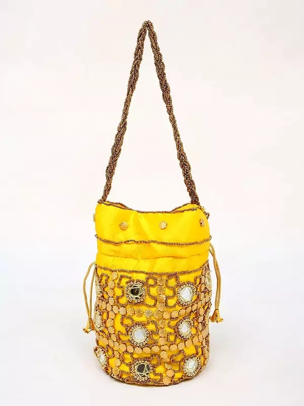 exotic india Vibrant-Yellow Drawstring Potli Bag with Beads and Mirror Embroidery 