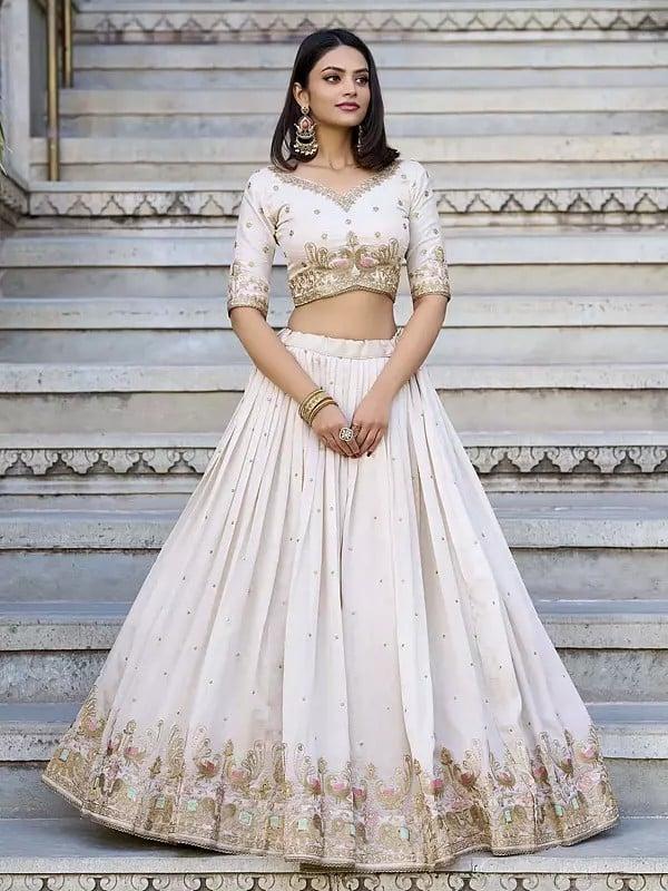 Exotic India Vichitra Silk Sequins And Thread Embroidery Work Lehenga Choli With Attractive Dupatta 