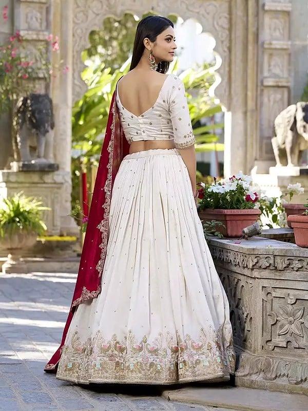 Exotic India Vichitra Silk Sequins And Thread Embroidery Work Lehenga Choli With Attractive Dupatta 