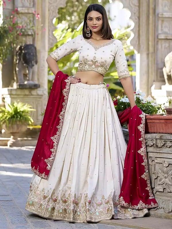 Exotic India Vichitra Silk Sequins And Thread Embroidery Work Lehenga Choli With Attractive Dupatta 